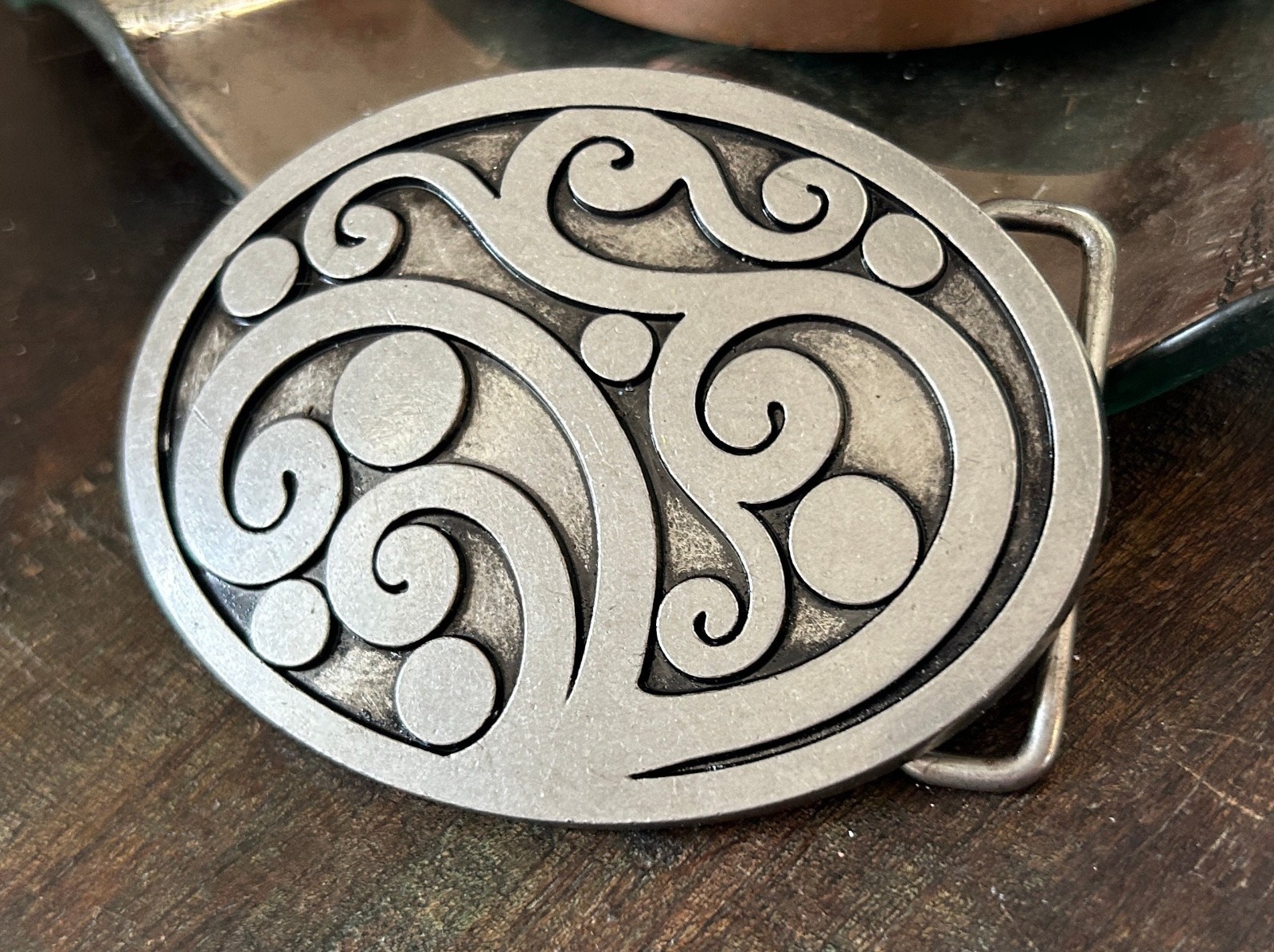 Brutalist Floral Belt Buckle Vintage 70s Abstract Oval Cowboy Accessory