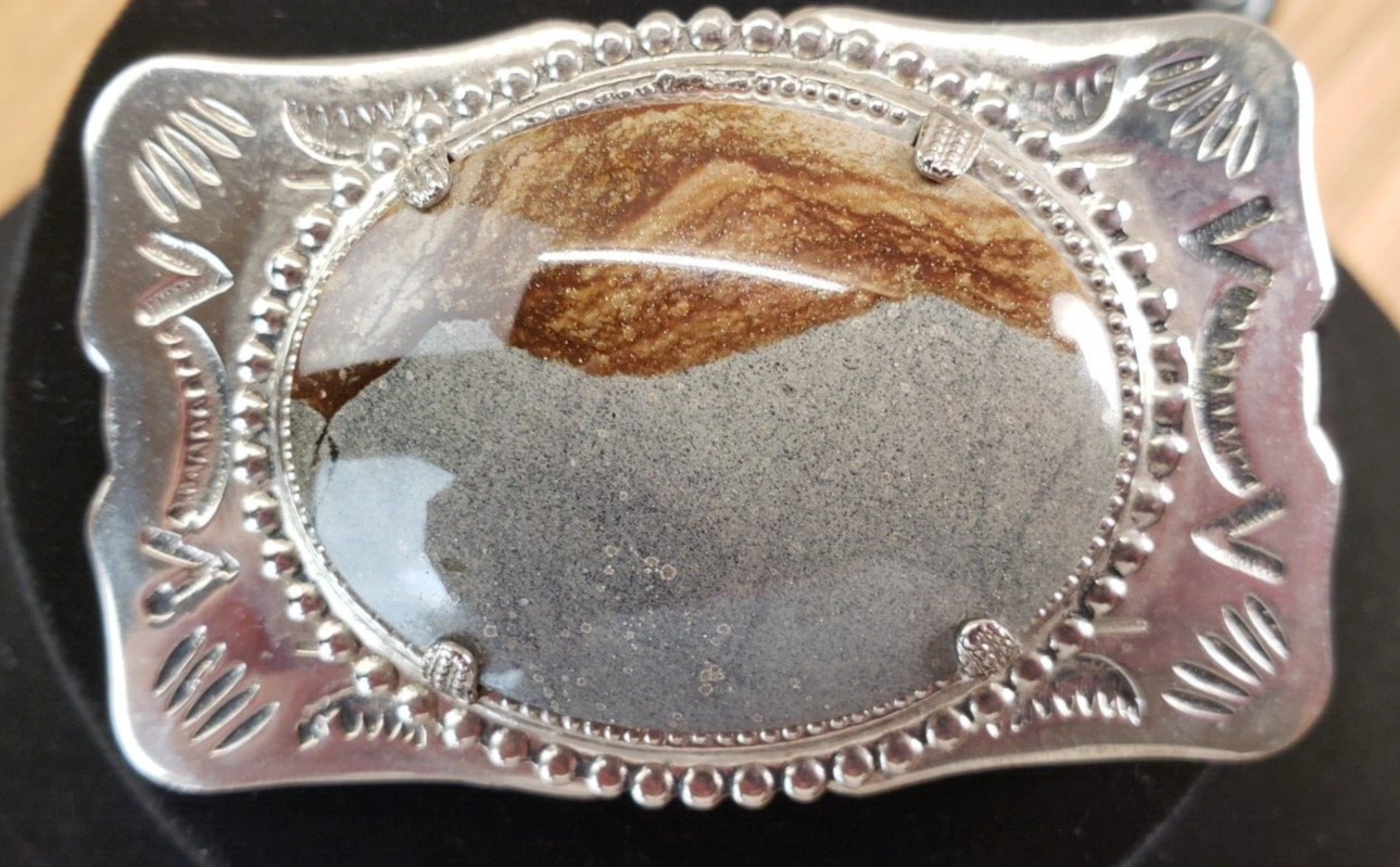 Southwestern Silver Tone Etched Picture Jasper Belt Buckle