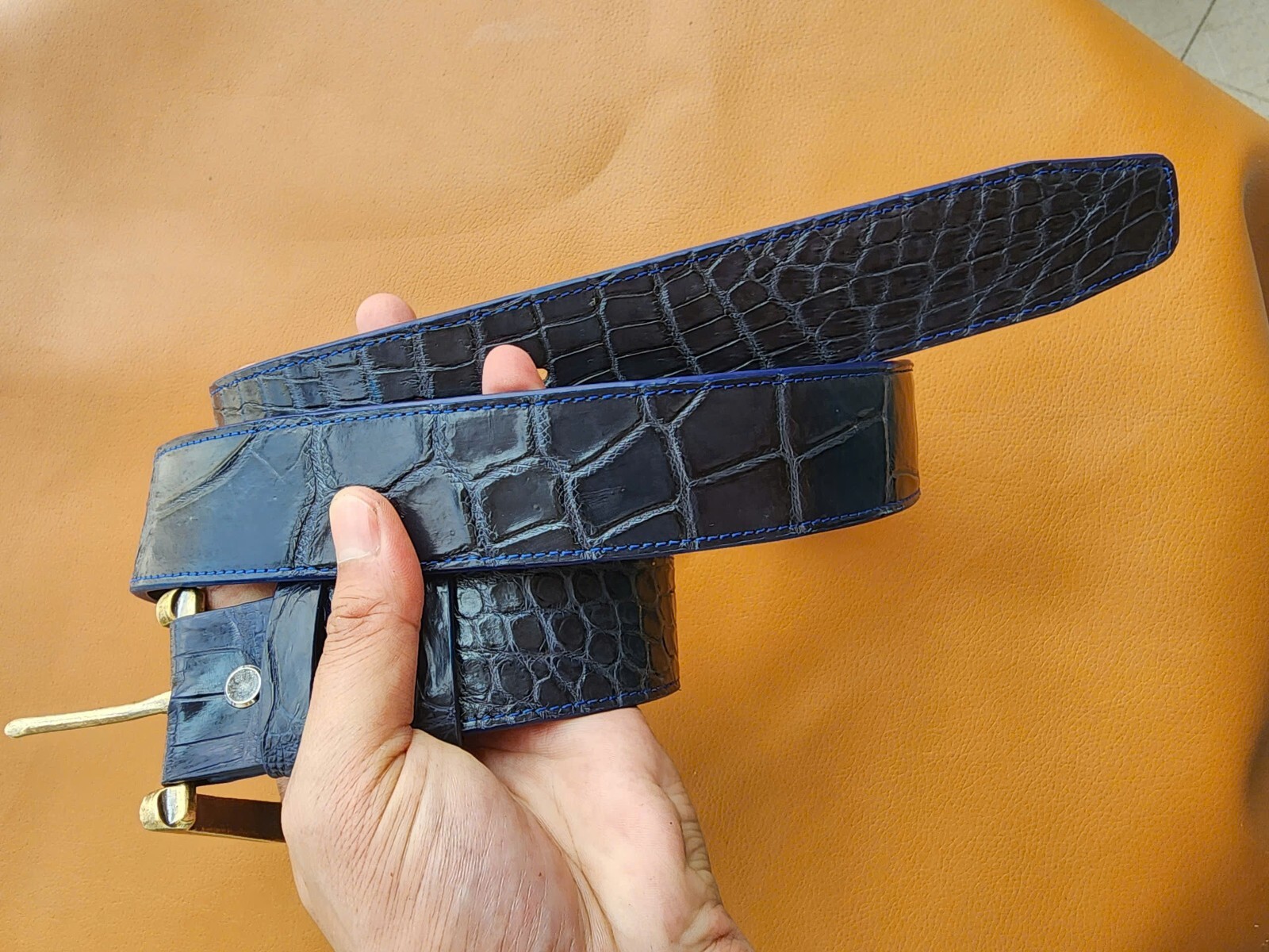 3.8CM Navy Blue 100% Genuine Leather Skin Men Belt Buckle- Handmade