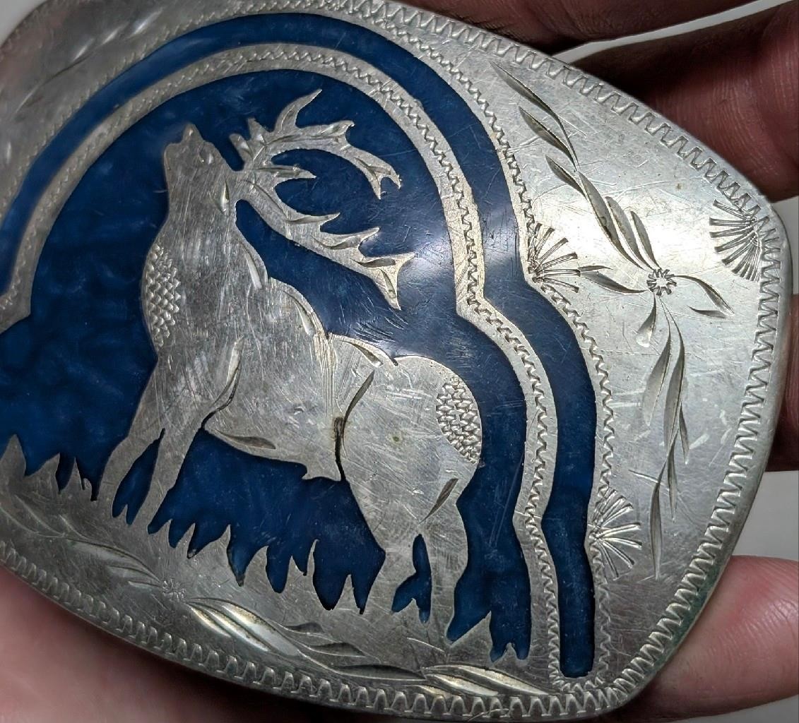 vintage ELK belt buckle HANDCRAFTED german silver WESTERN inlay ENGRAVED cowboy