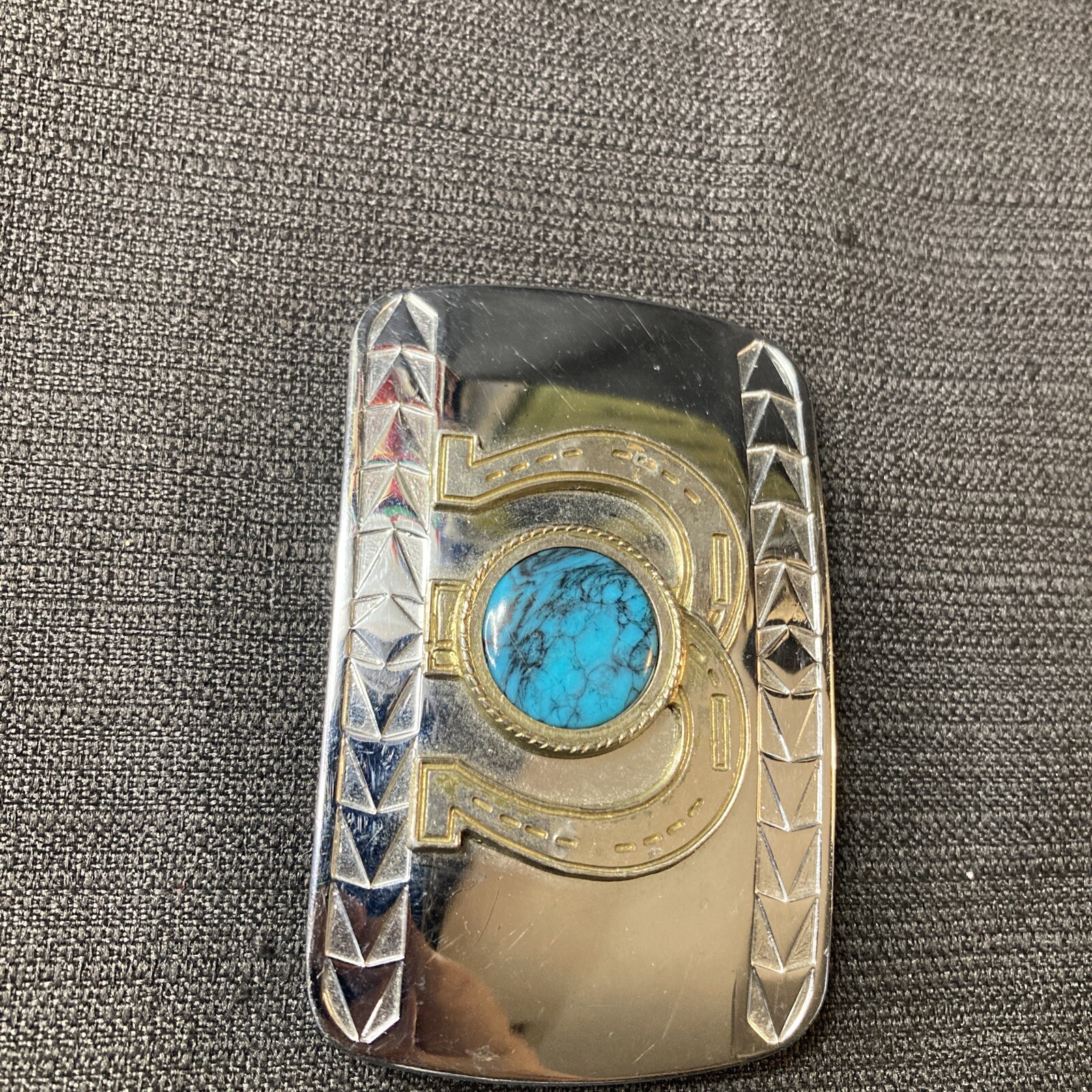 Double Horseshoe Faux Turquoise Chrome Belt Buckle
