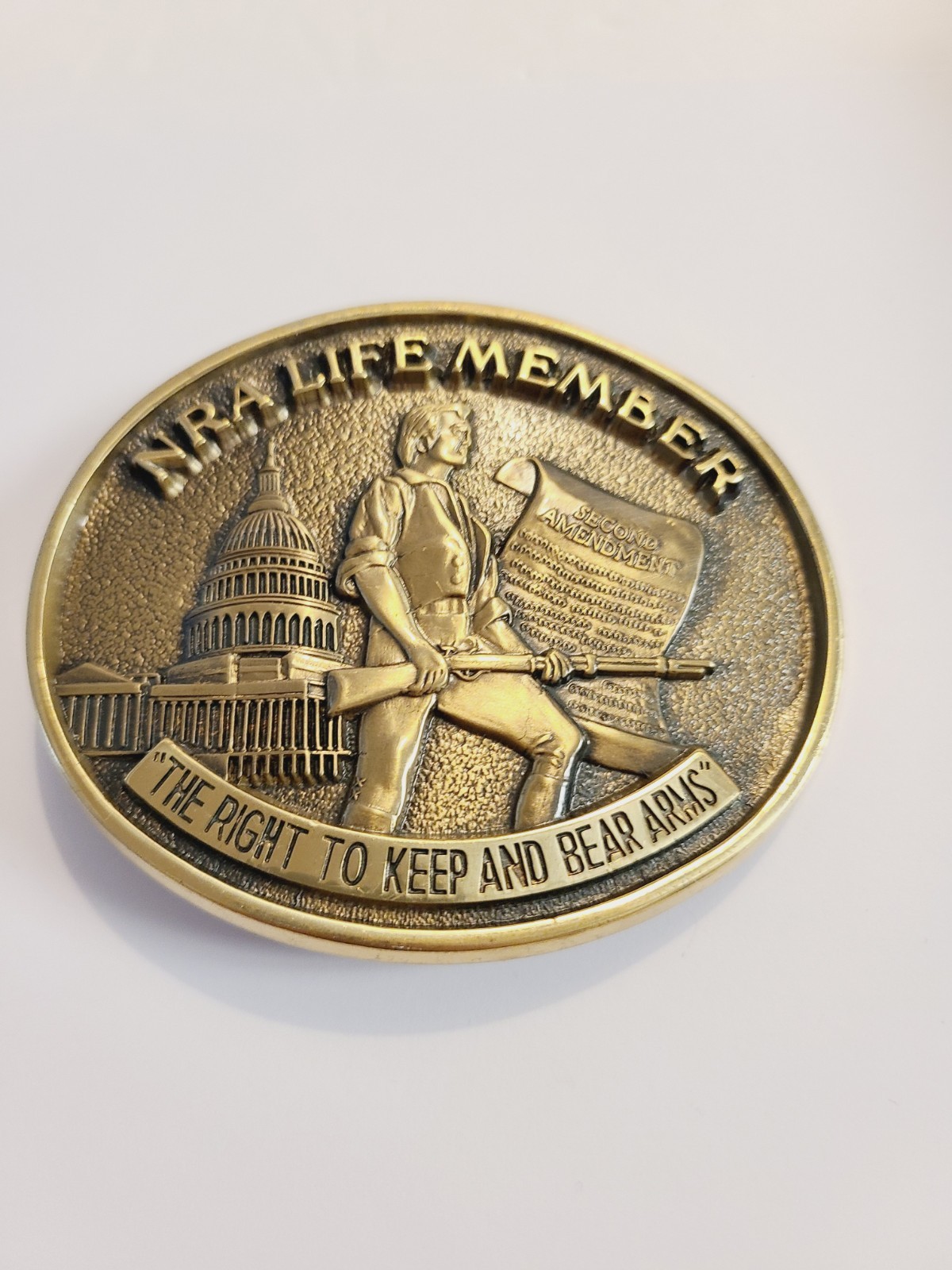 NRA LIFE MEMBER Oval Solid Brass « Right To Keep and Bear Arms » Belt Buckle