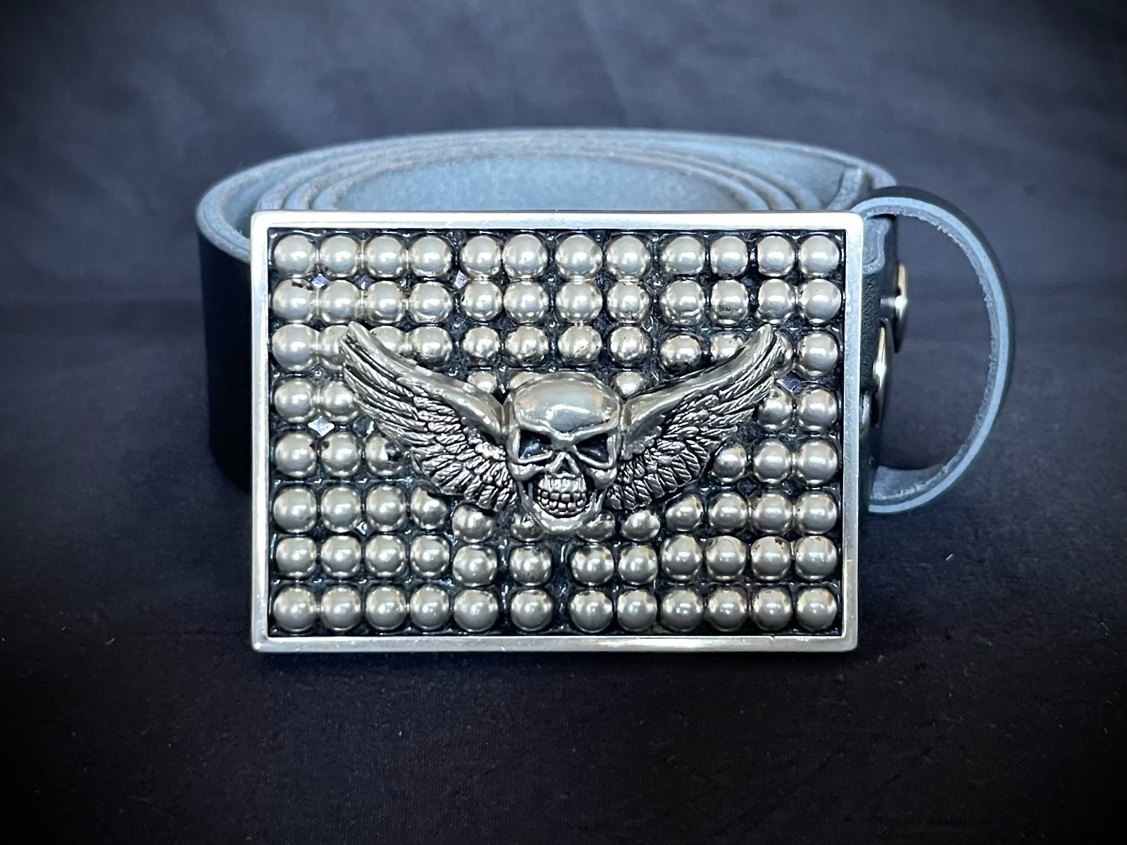 Flying Skull Winged Belt Buckle Gothic Industrial Beaded OOAK Darren McNeese