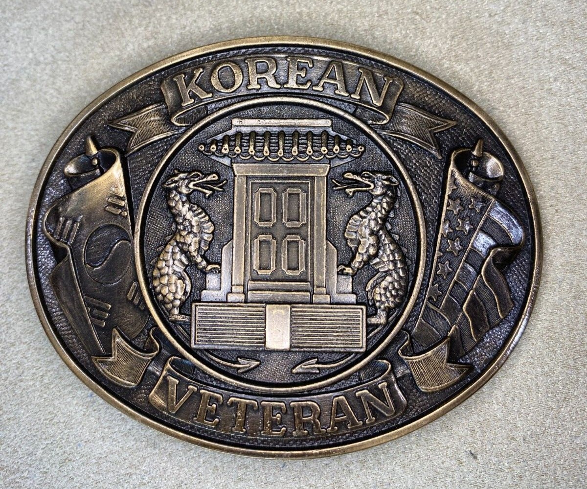 Korean War Veteran Belt Buckle Dragons Flags USA Patriotic 