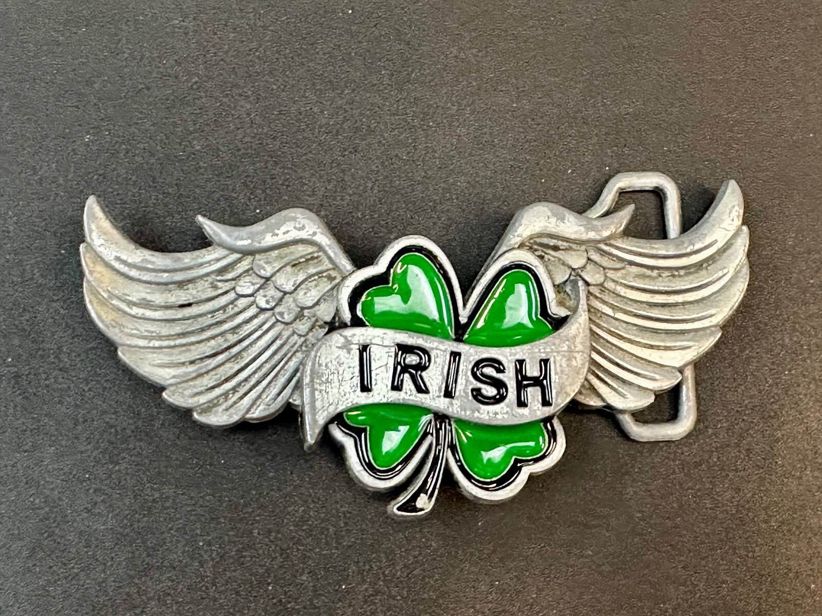 Irish Lucky Four 4 Leaf Clover W/ Wings Cutout Green & Silver Belt Buckle