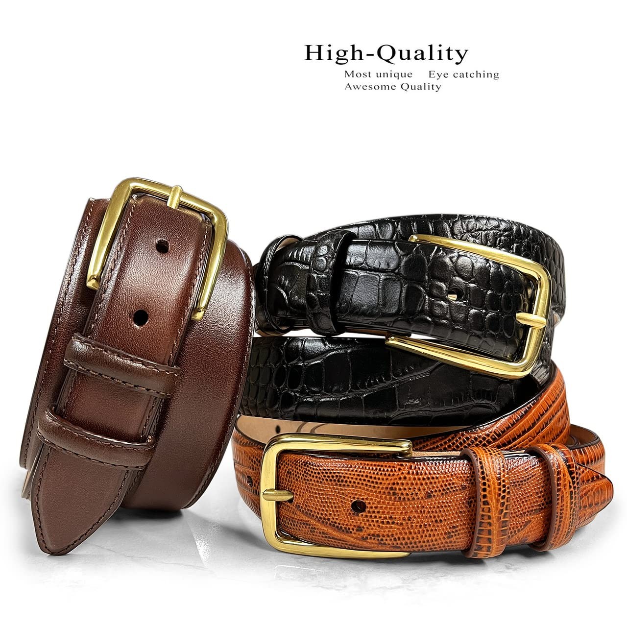 Andrew Men&rsquo;s Dress Belt Solid Brass Buckle (Gold) 34, Gold-alligator Tan