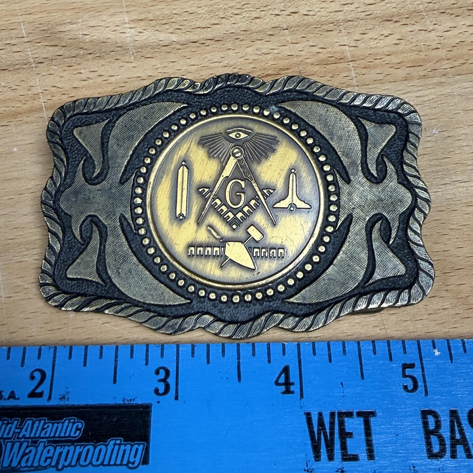 Masonic Belt Buckle Mens Gold Tone Metal Square Compass G Western Antique Finish
