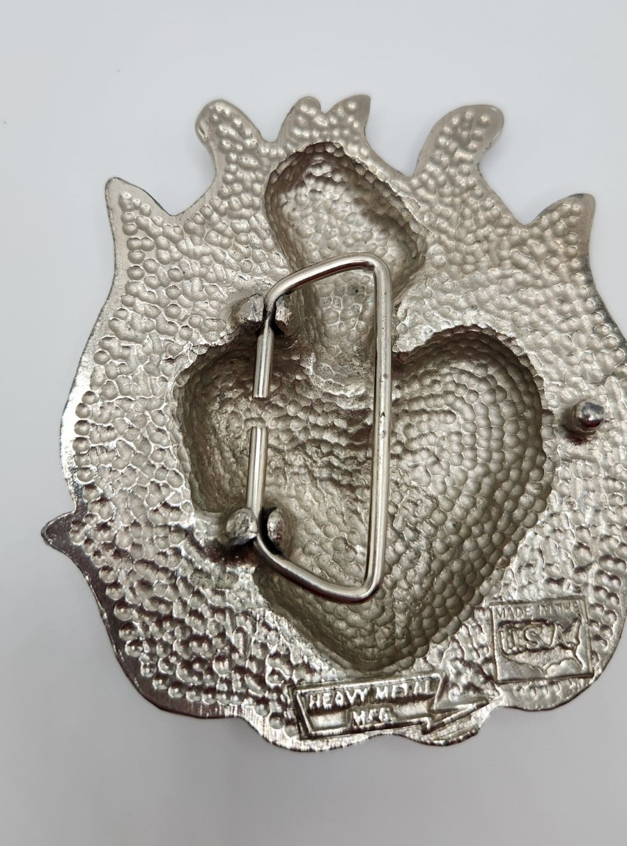 HEAVY METAL MFG Belt Buckle Flaming Heart Barb Wire Made in USA HOT MESS See Pic
