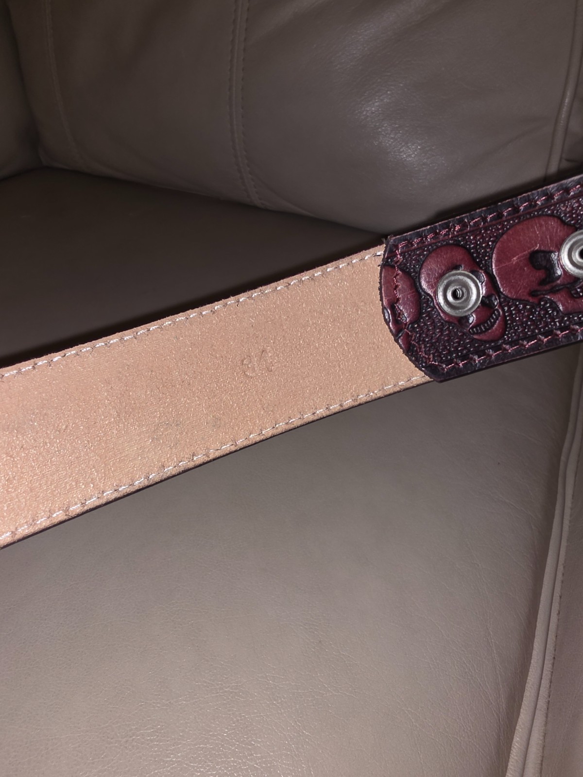 Red Burgundy Leather Hand Tooled Skulls Rockabilly Goth Leather Belt Size 34