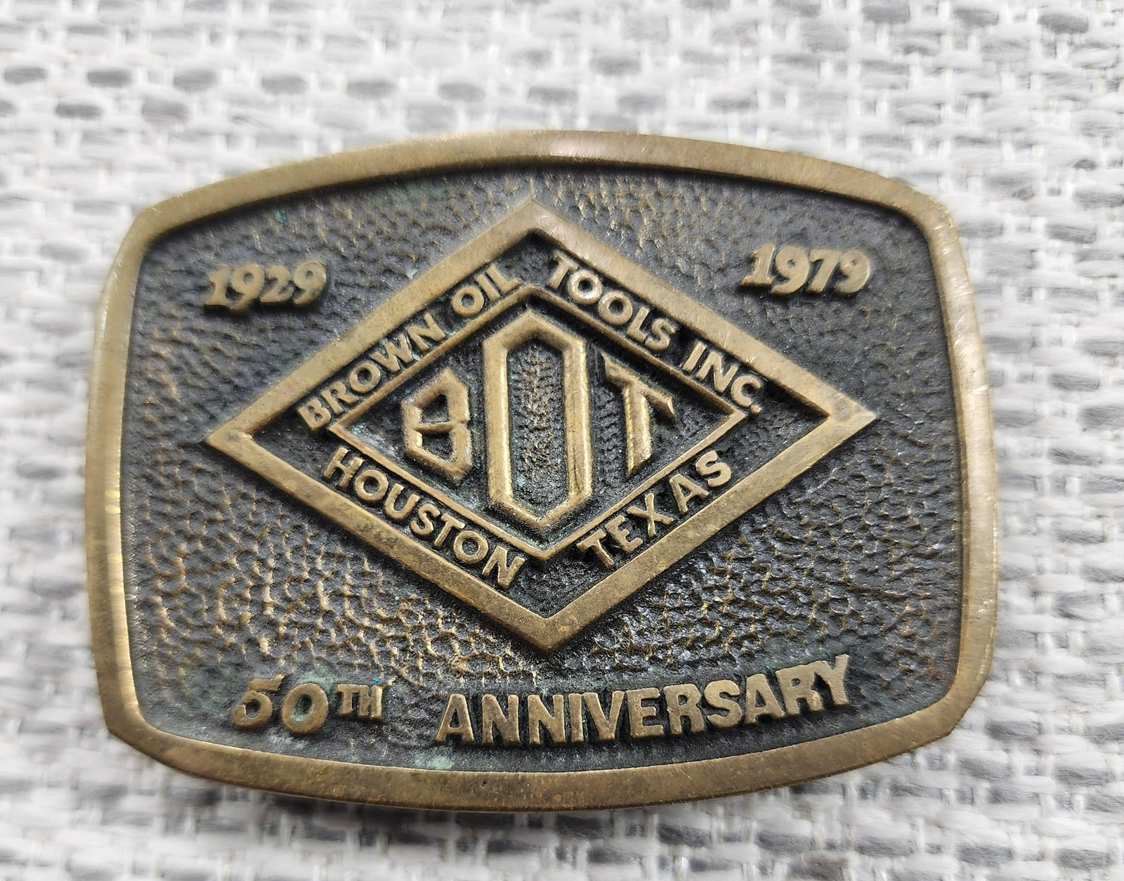 Vintage Brown Oil Tools Belt Buckle Mens Solid Brass 50th Anniversary 1979 BOT