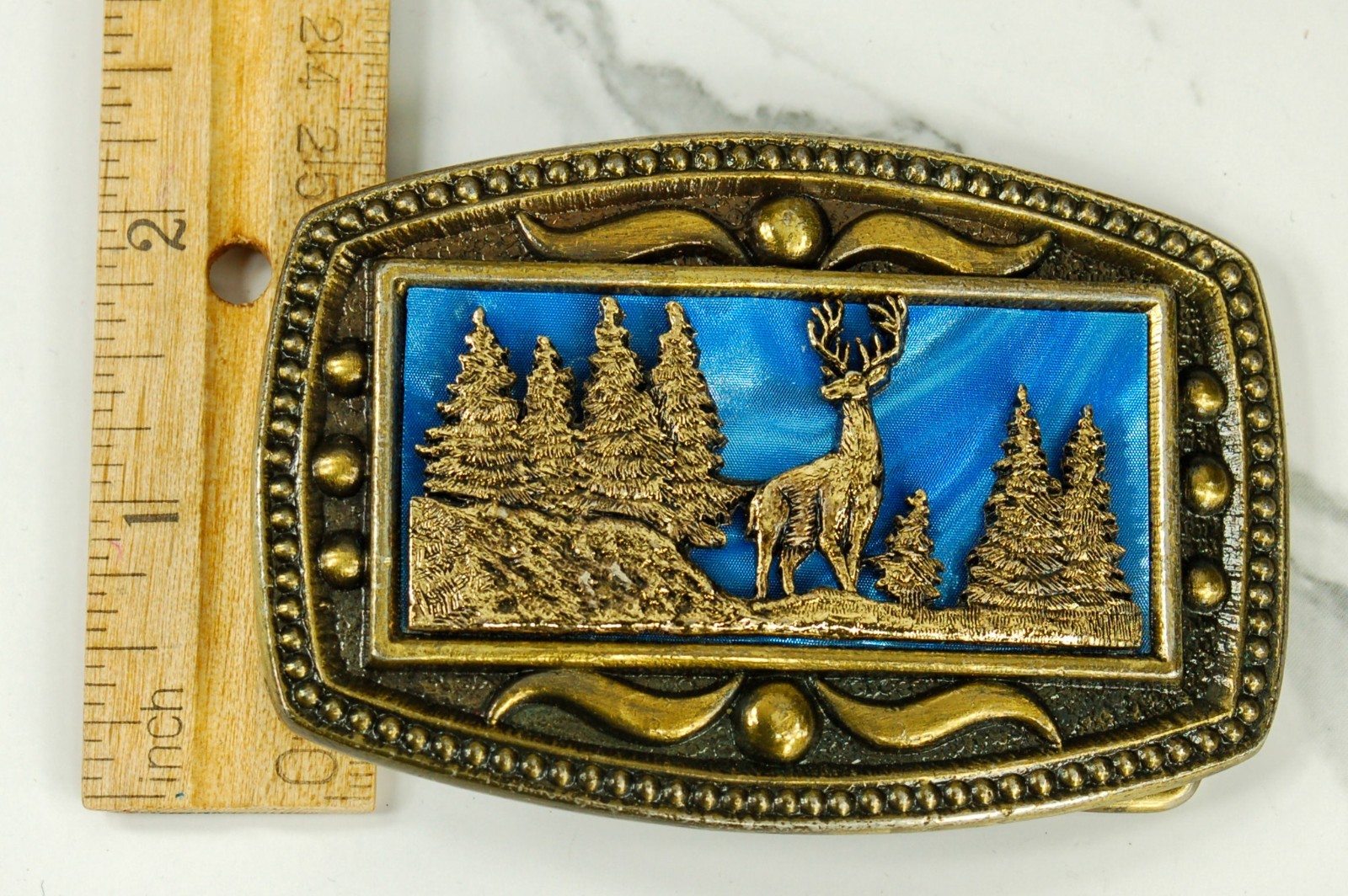 Stag and Trees in Moonlight brass belt buckle western