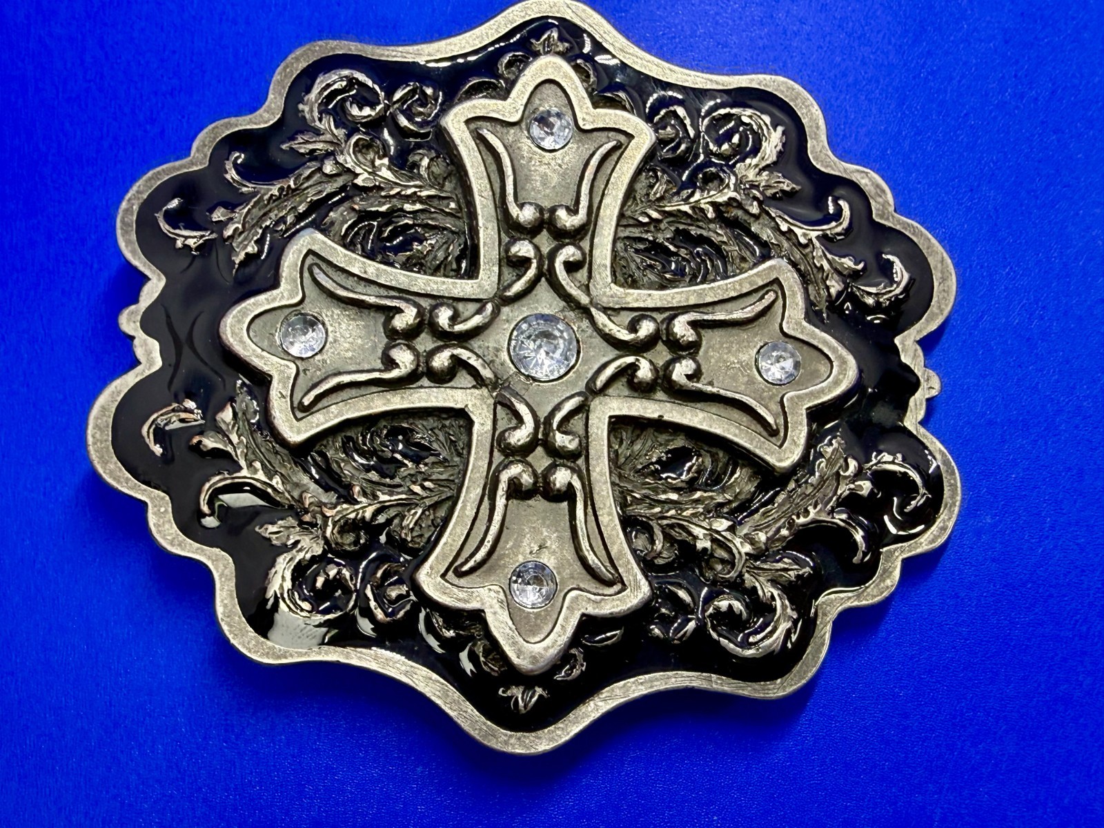 Iron Cross with Rhinestone Religious Gothic Punk Black Silver Color Belt Buckle
