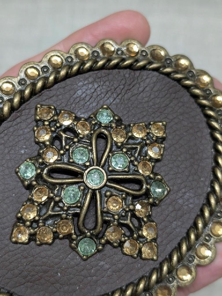vintage RHINESTONE belt buckle STUDDED leather BRASS western cowboy