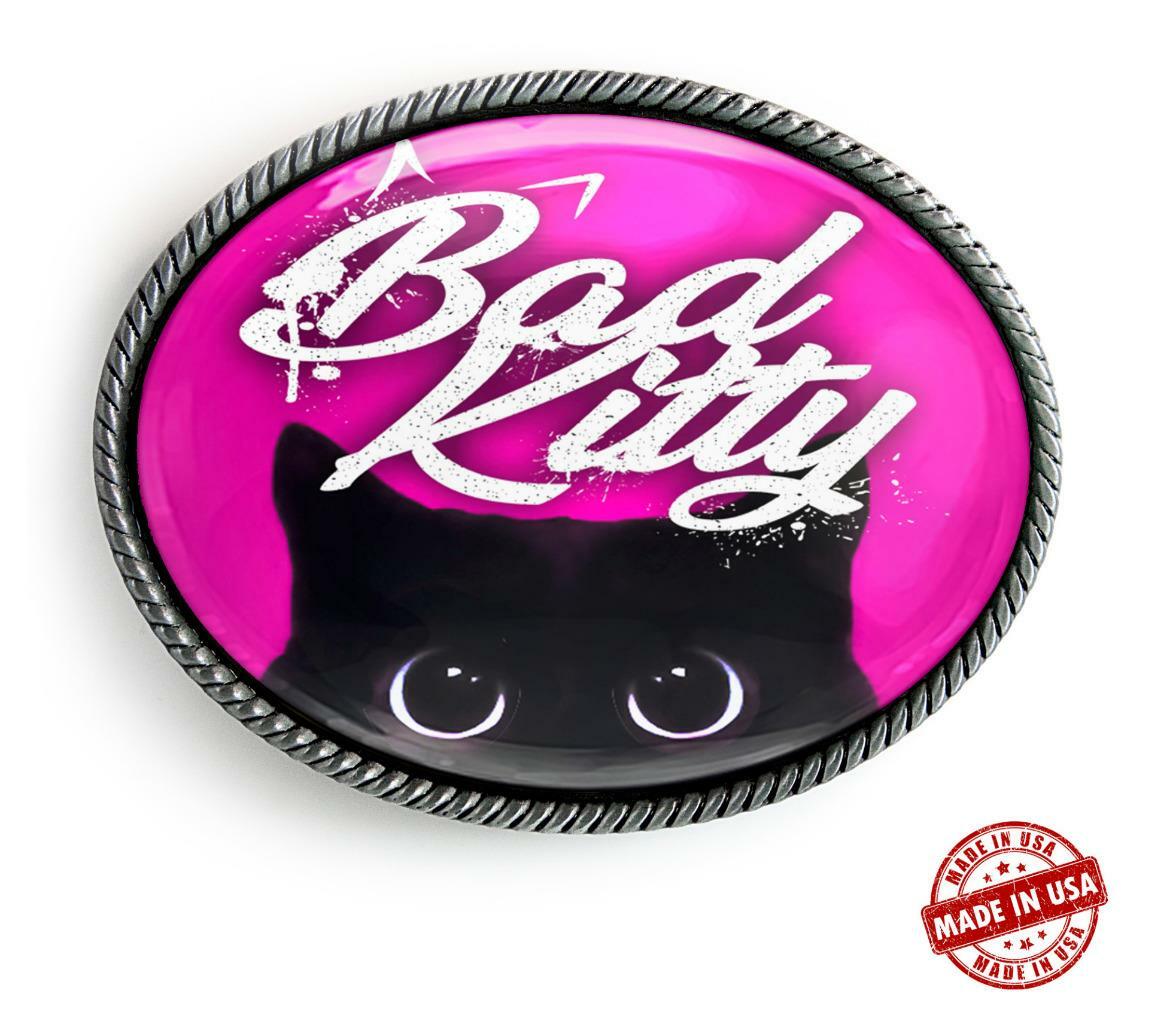 Bad Kitty Black Cat Hot Pink Punk Handmade Artisan Belt Buckle