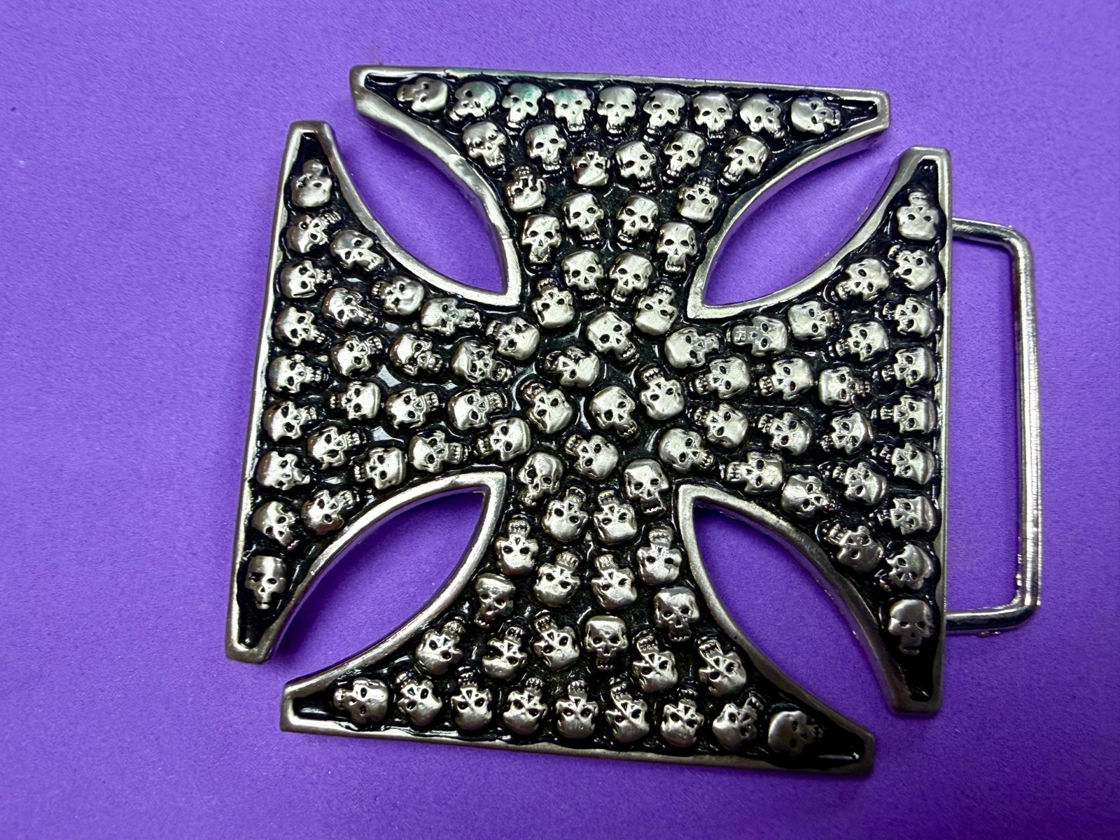 Celtic Iron Cross Shaped with Engraved Tiny Skulls Gothic Cutout Belt Buckle