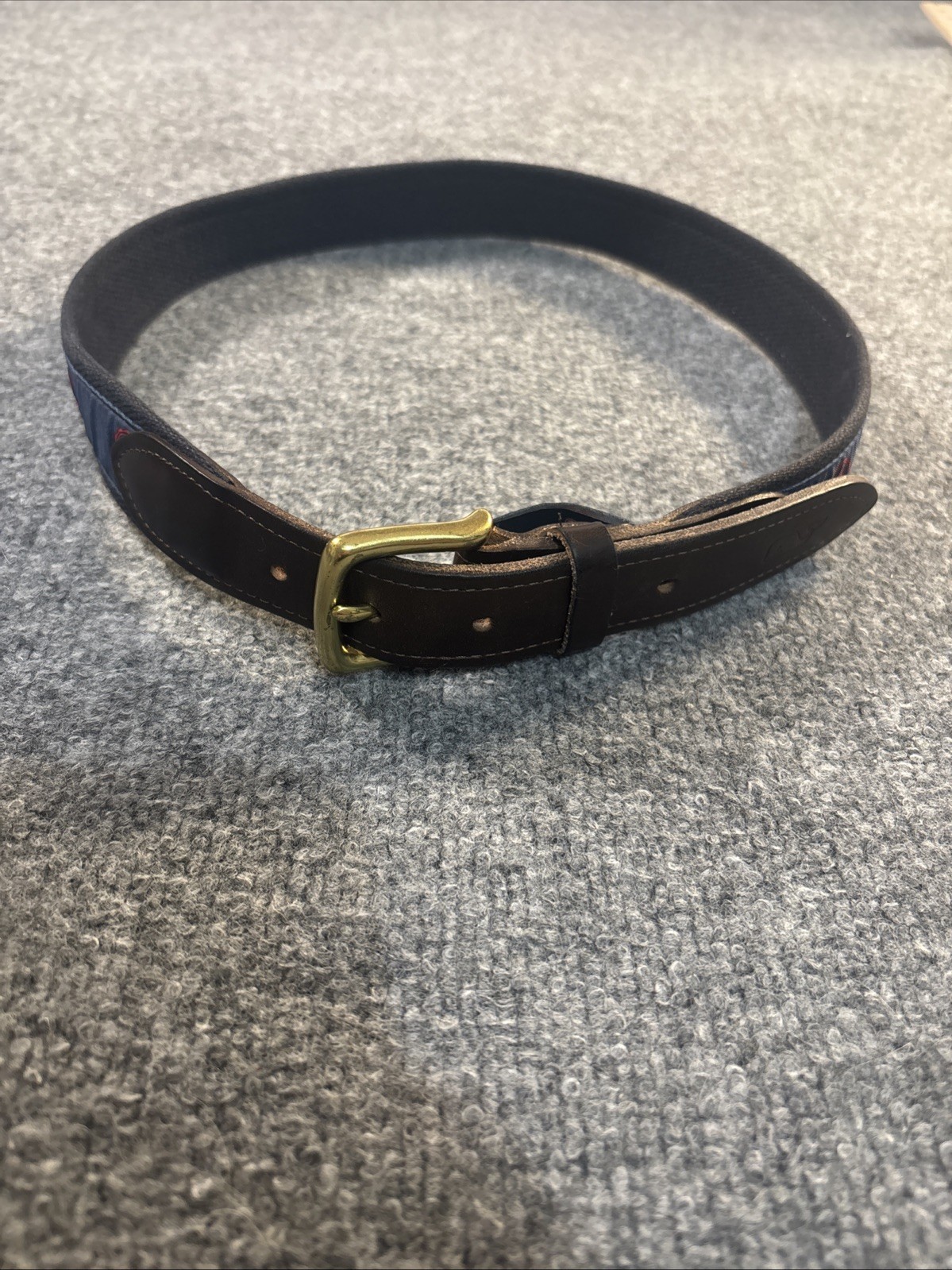Vineyard Vines Belt Mens 32 Navy Blue Red Italian Cowhide Canvas Brass Buckle