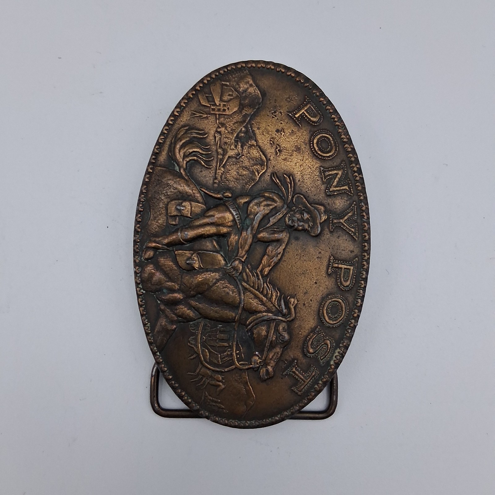 Vintage 70s Pony Post Express Brass Metal Belt Buckle Montauk Silver Company