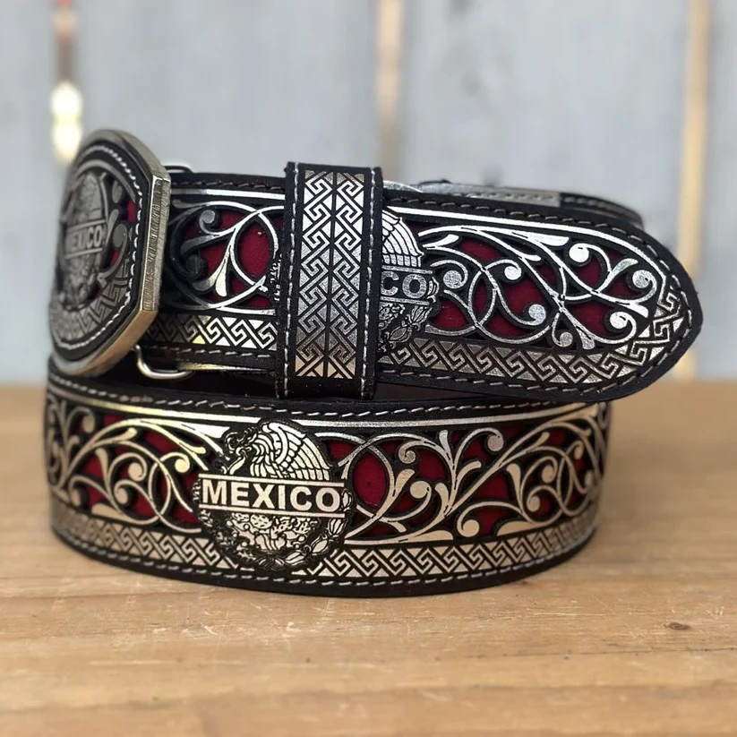 Genuine Laser Cut Leather Mexico Western Belt with Removable Buckle – Silver