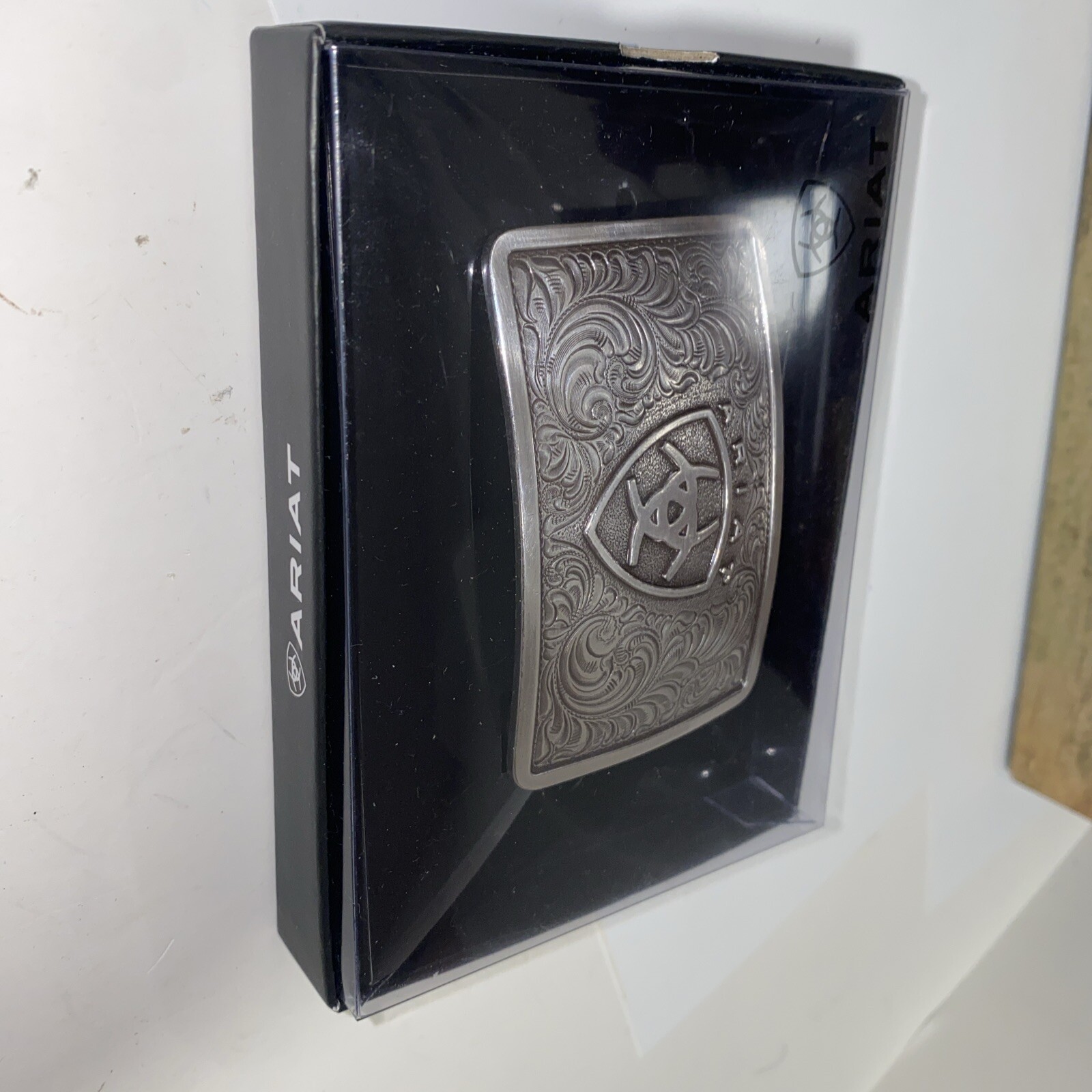 Ariat Western Mens Belt Buckle Rectangular Logo Silver Filigree