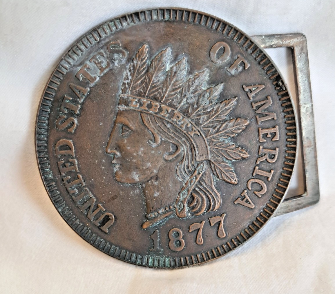Vintage 1877 Indian Head Penny Belt Buckle Bronze Tone Round Coin Americana 3.75