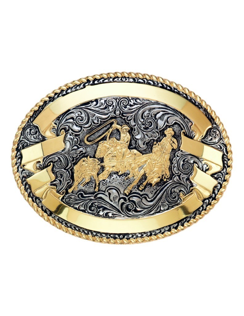 Crumrine Western Belt Buckle Rodeo Team Roper Silver Bronze C02161