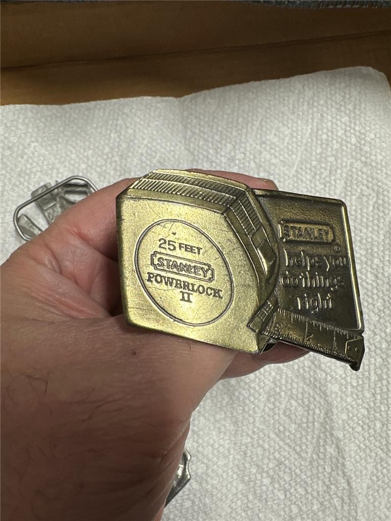 Three Vintage Carpenter Related Belt Buckles, Stanley, Tools, etc
