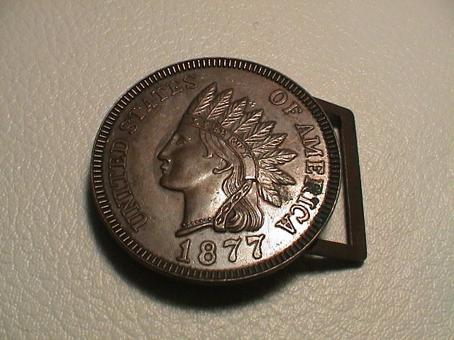 INDIAN HEAD PENNY 3D COIN SHAPED 1877 REPLICA INDIAN MENS METAL BELT BUCKLE