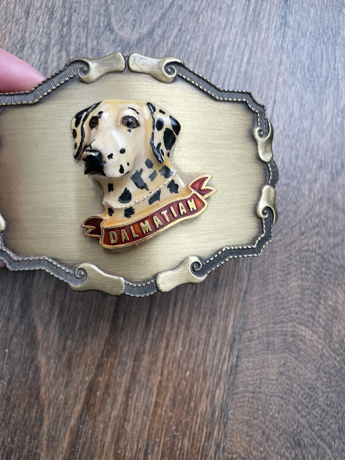 Vintage Raintree Belt Buckle Metal Or Brass 3D Enamel Dalmatian Dog Made USA