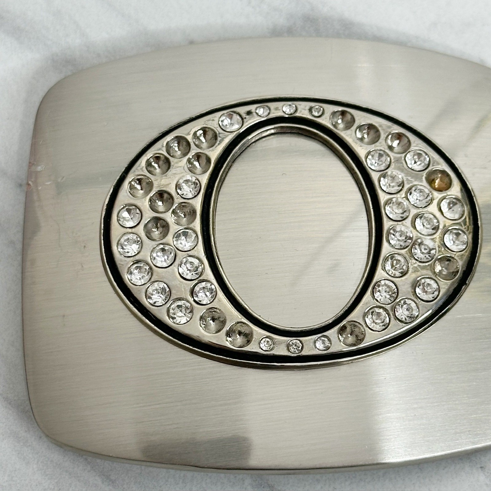 Rhinestone Studded O Letter Initial Monogram Silver Tone Belt Buckle