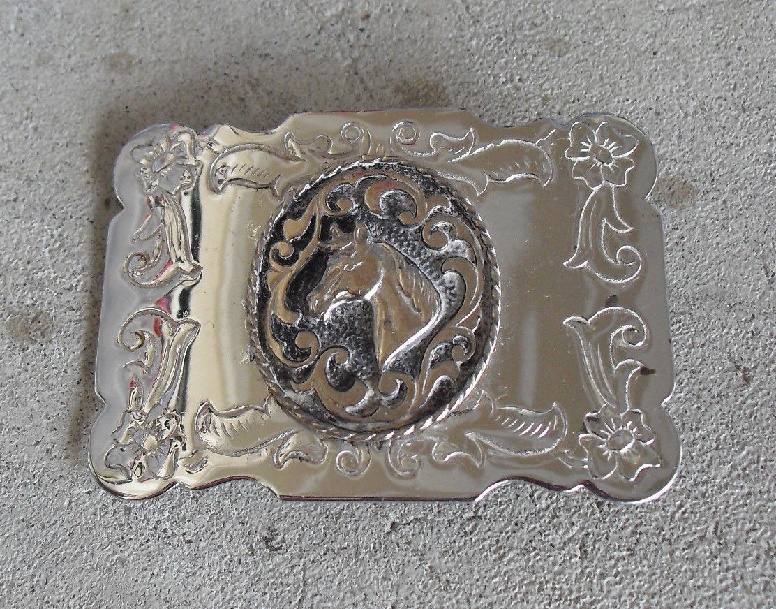 Vintage USA Horse Head Silver Chrome Metal Belt Buckle