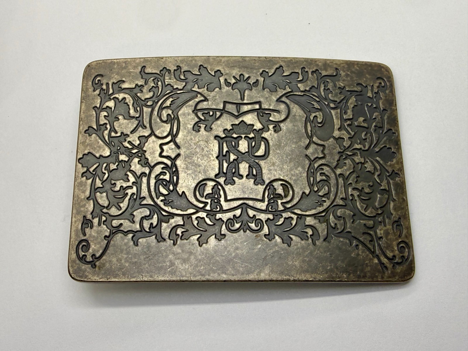Letter EXP Monogram Scroll Ornate Pattern Silver Tone Rectangular Belt Buckle