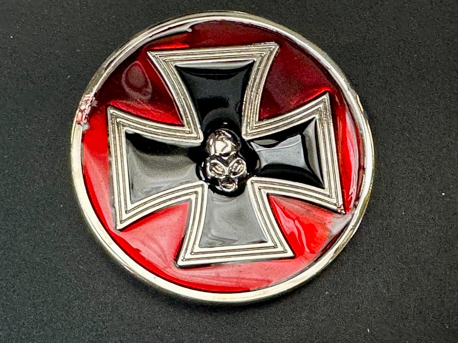 Enamel Round Iron Maltese Cross With Centered Silver Color Skull Belt Buckle