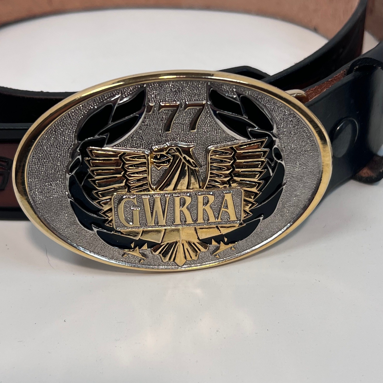 GWRRA 77 Eagle Biker Belt Buckle w/ Gold Wing Embossed Leather Belt USA Made