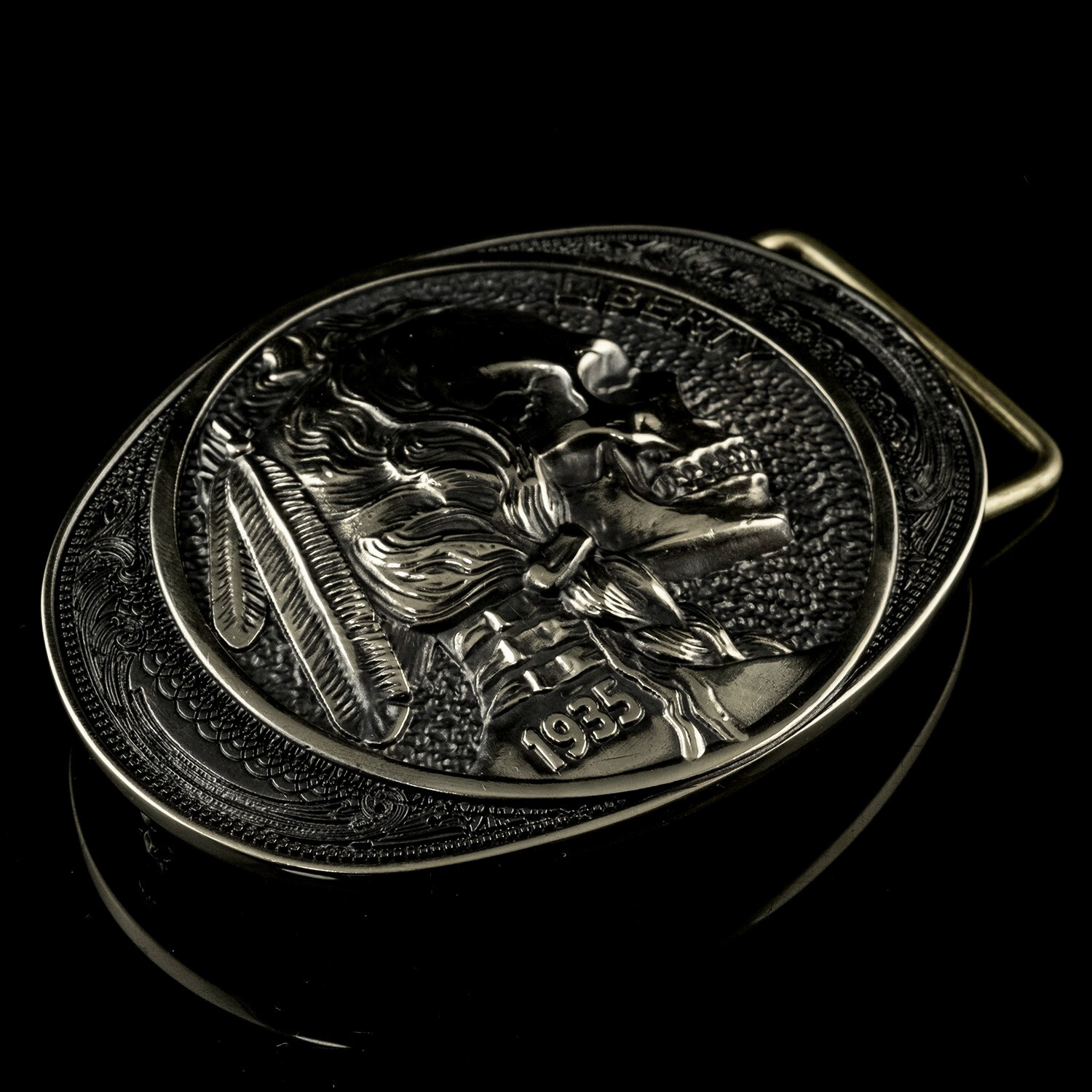 German silver buckle Indian chief skull, Liberty 1935 coin, Chief, Indian head