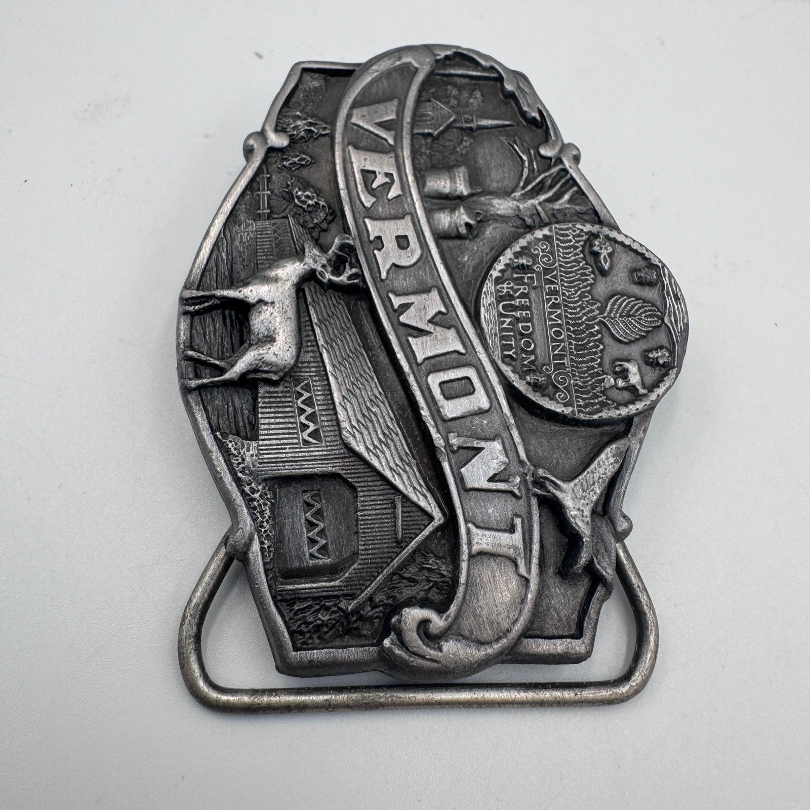 Vintage 1986 Siskiyou Vermont State Belt Buckle T-55 Freedom & Unity Made in USA