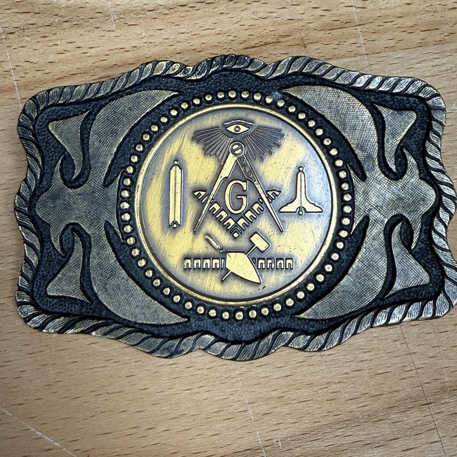 Masonic Belt Buckle Mens Gold Tone Metal Square Compass G Western Antique Finish