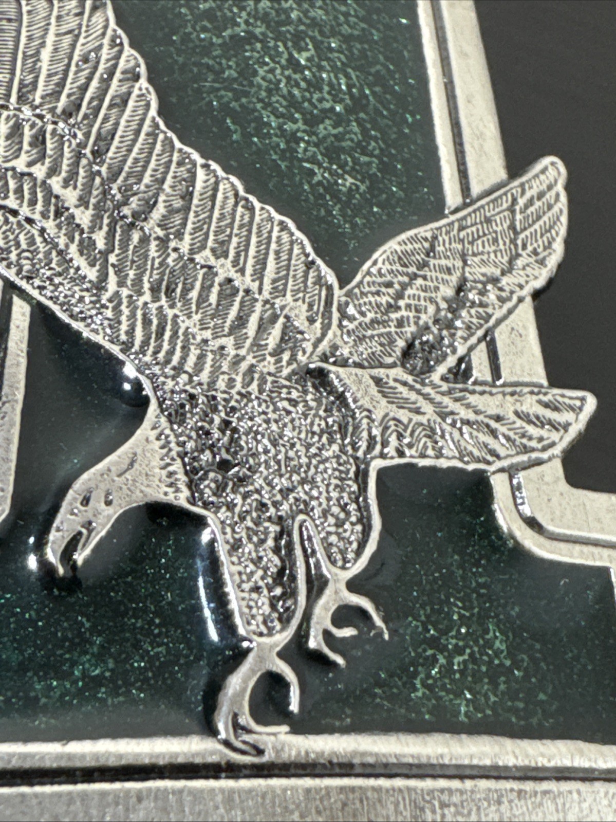 1975 Great American Buckle Co. Eagle On #1 Vtg Belt Buckle Silvertone & Green