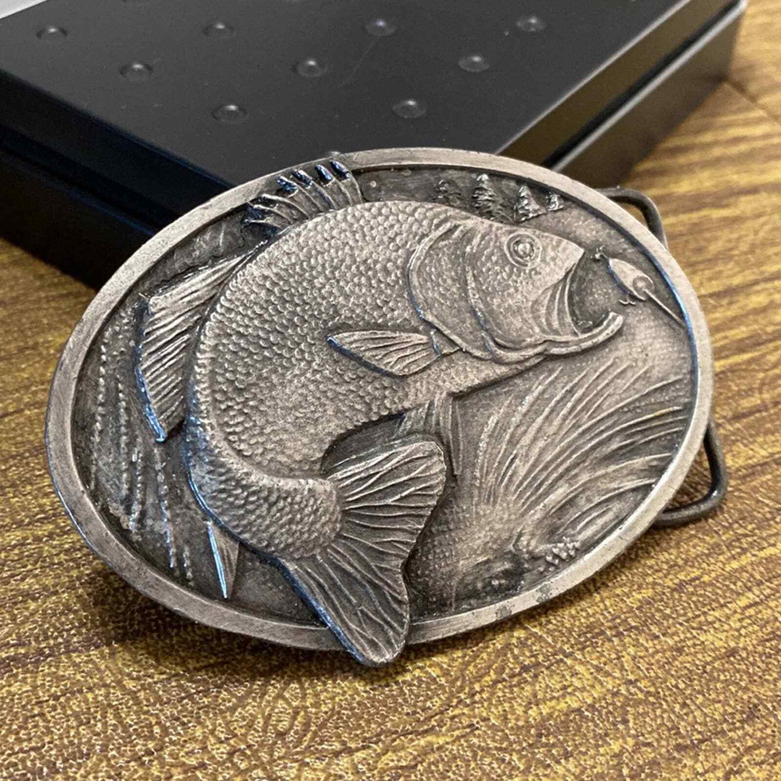 Vintage 1977 3D top water jumping Bass Pewter Gray Bergamot X-144 Belt Buckle