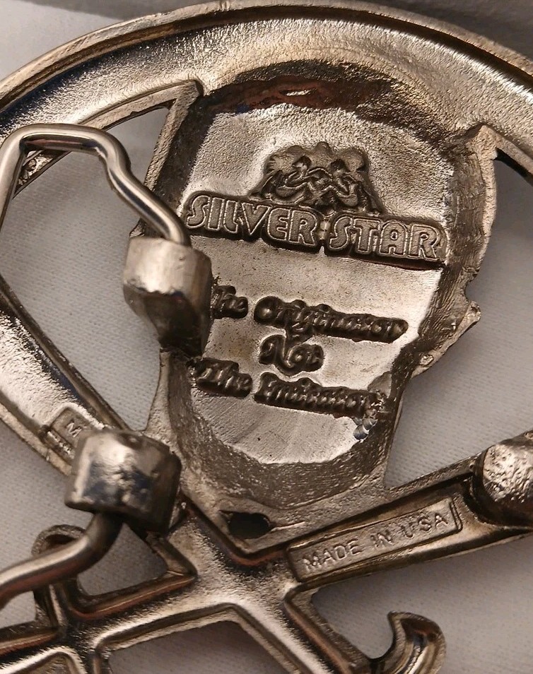 Vintage Silver Star Skull and Swords Belt Buckle Made in USA Jolly Roger Metal