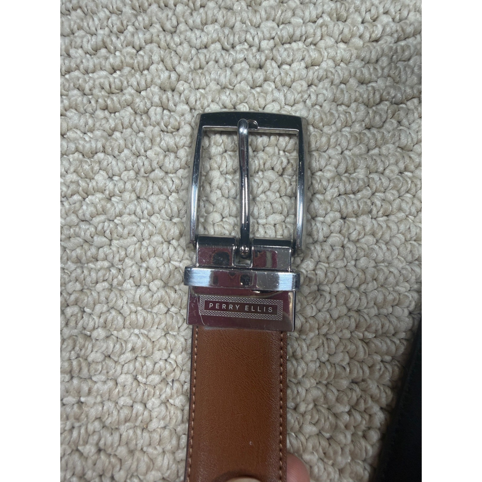 Perry Ellis Reversible Leather Belt Brown Black Silver Buckle Mens 42
