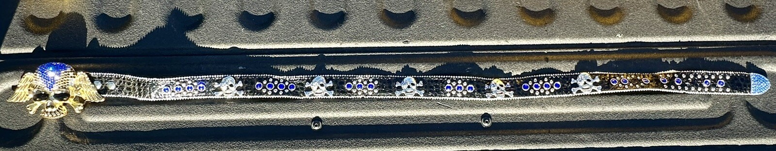 Skull covered in Clear & Blue Rhinestones Belt & Belt Buckle,Missing Some Stones