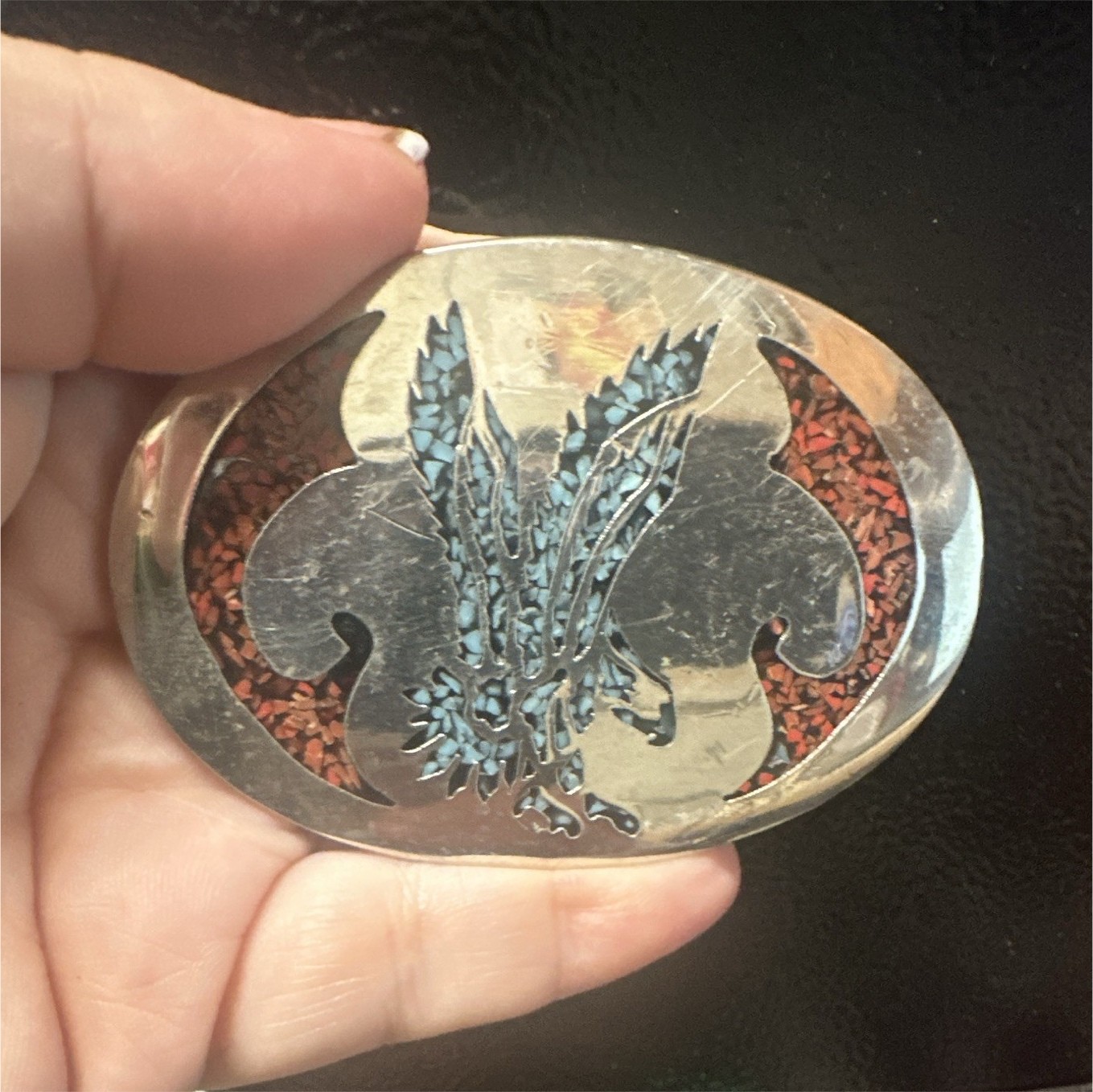 Oval Western Eagle Belt Buckle Metal Enamel Silver Blue Red Fits 1.5 in