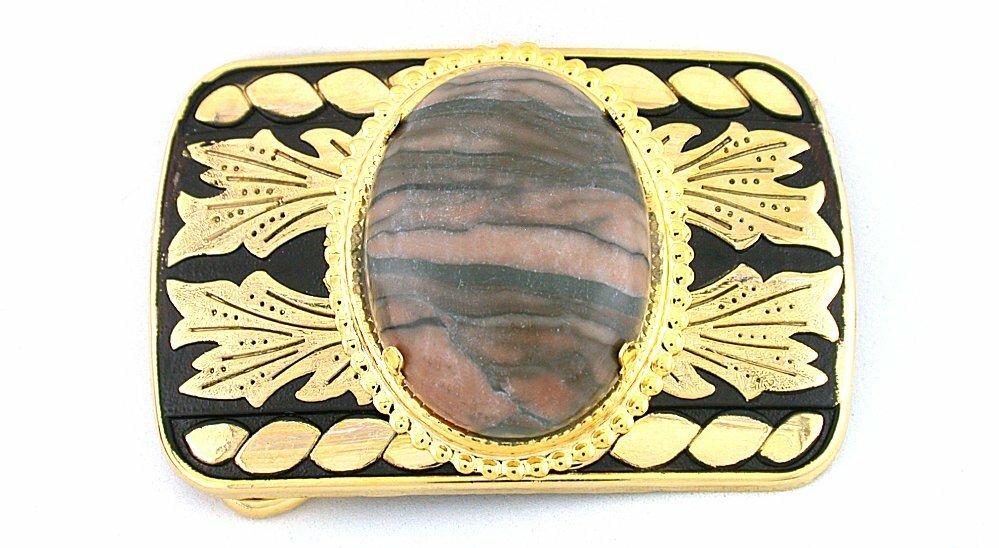 40×30 Oval Pink Banded Jasper Cabochon Gemstone Gem Belt Gold Buckle PBB14