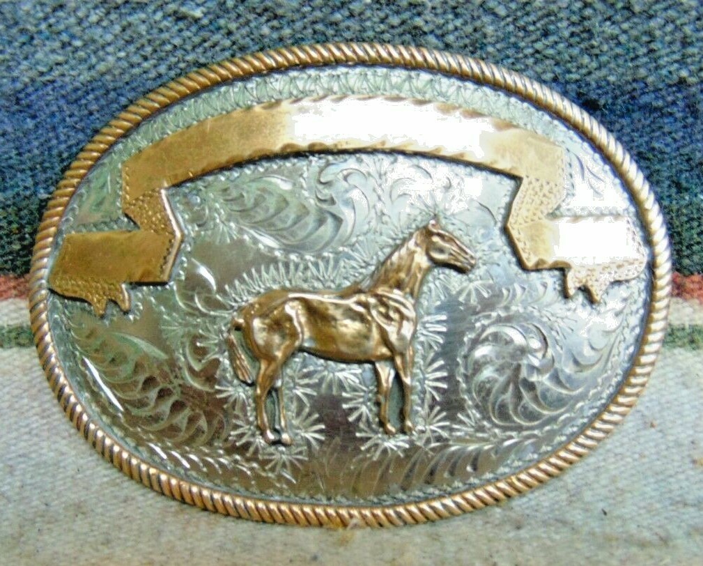 German Silver / Bronze Show Horse Trophy Belt Buckle Excellent Cond
