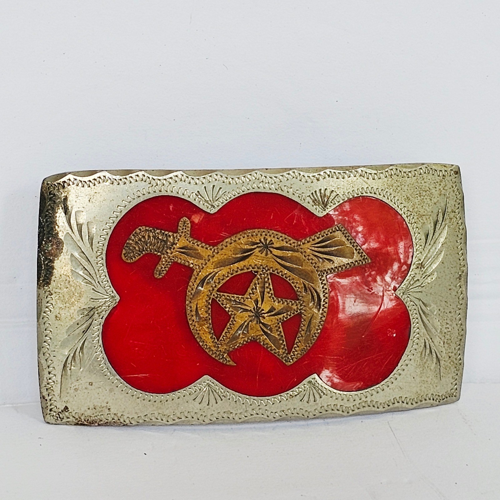 Vtg 70s Shriners Masonic Belt Buckle Red Silver Gold Scimitar Crescent Western