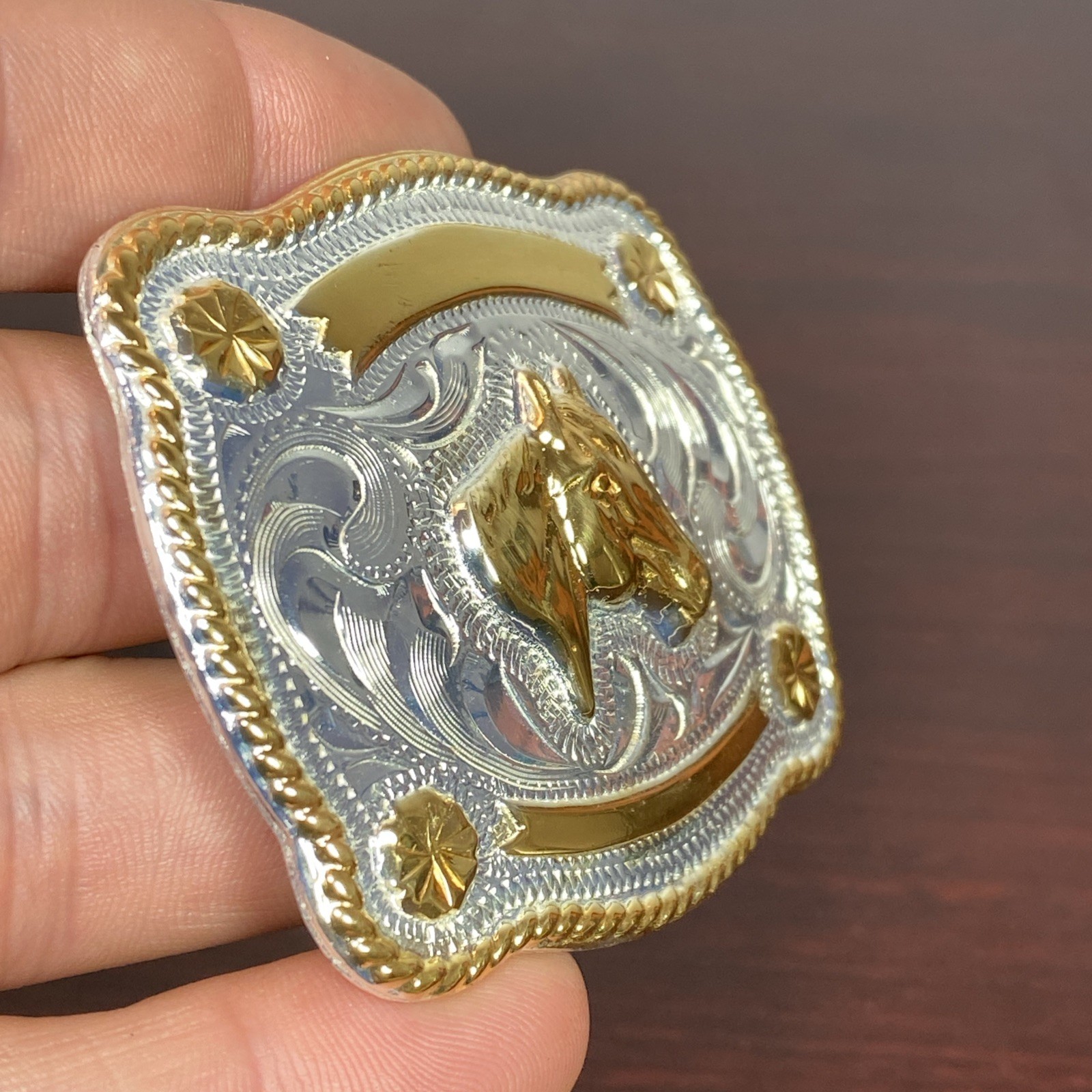 JUSTIN Silver Mexico Horse Head 2-5/8”x2-1/8” Belt Buckle SHINY GOLD SILVER Tone