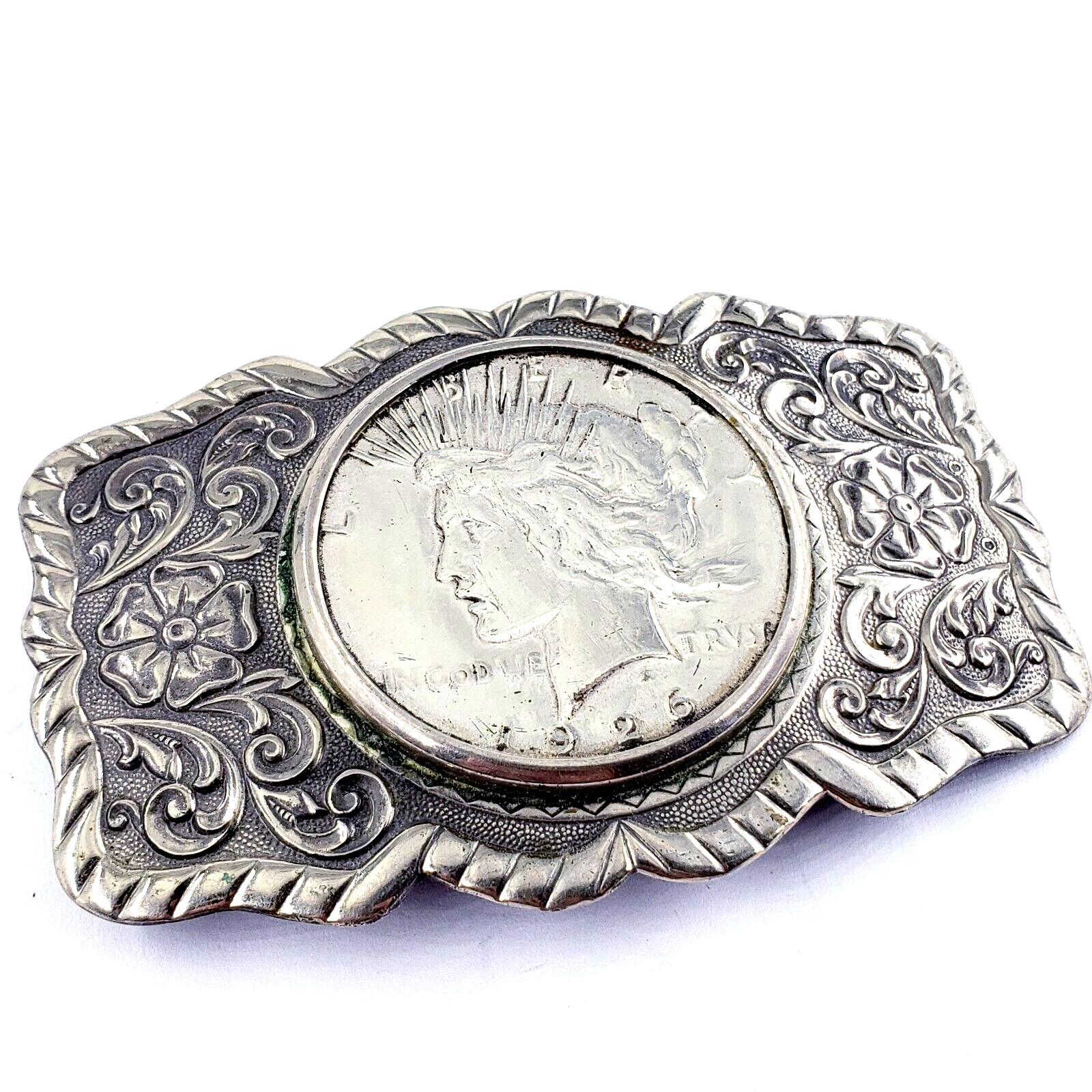 NICKEL SILVER BELL Vintage 1926 Morgan Dollar Coin Ornate Belt Buckle 3.25×1.25&Prime;