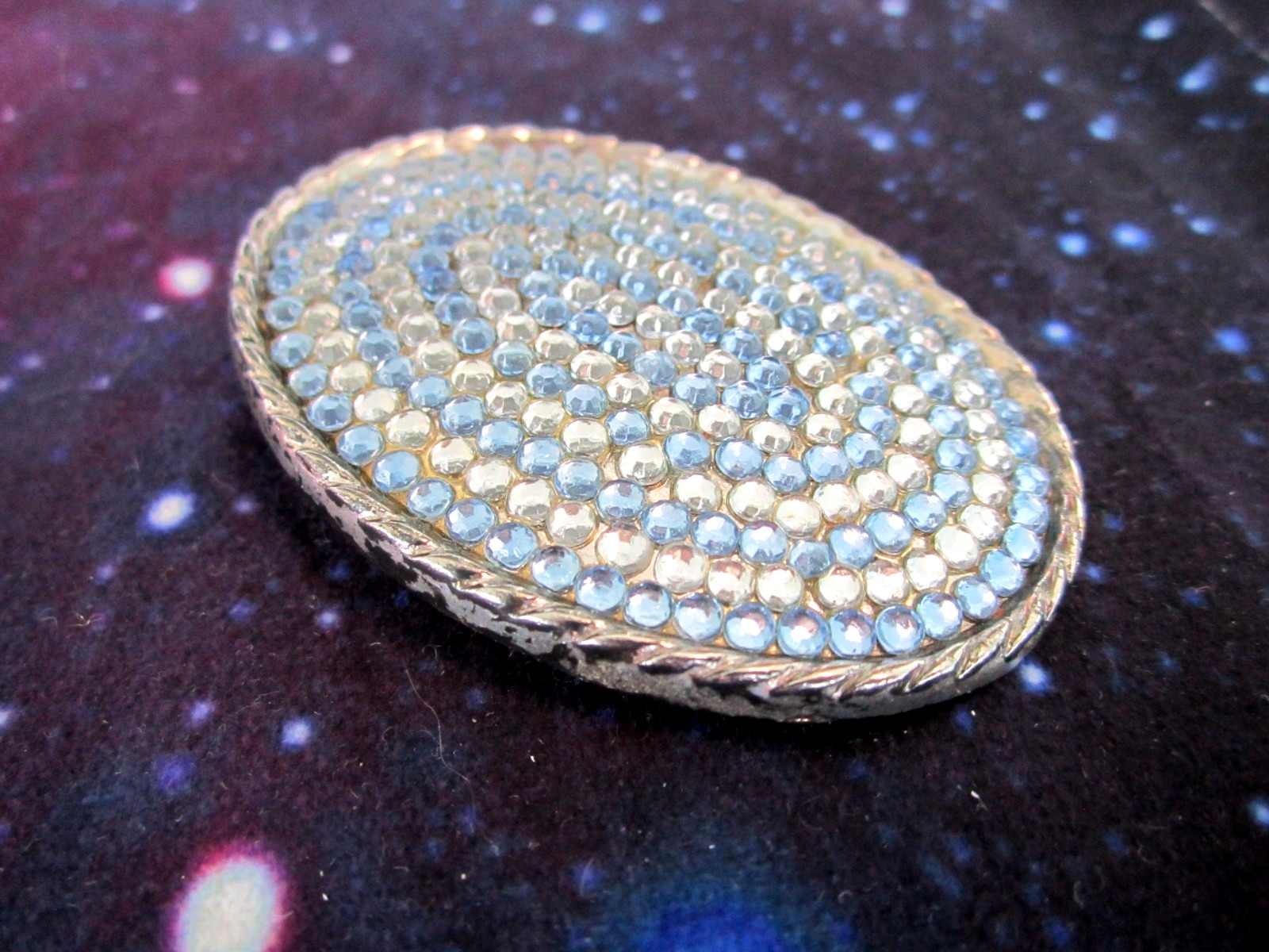 Vintage Belt Buckle Blue & White Rhinestone Crystal Western 80s Cowgirl Oval