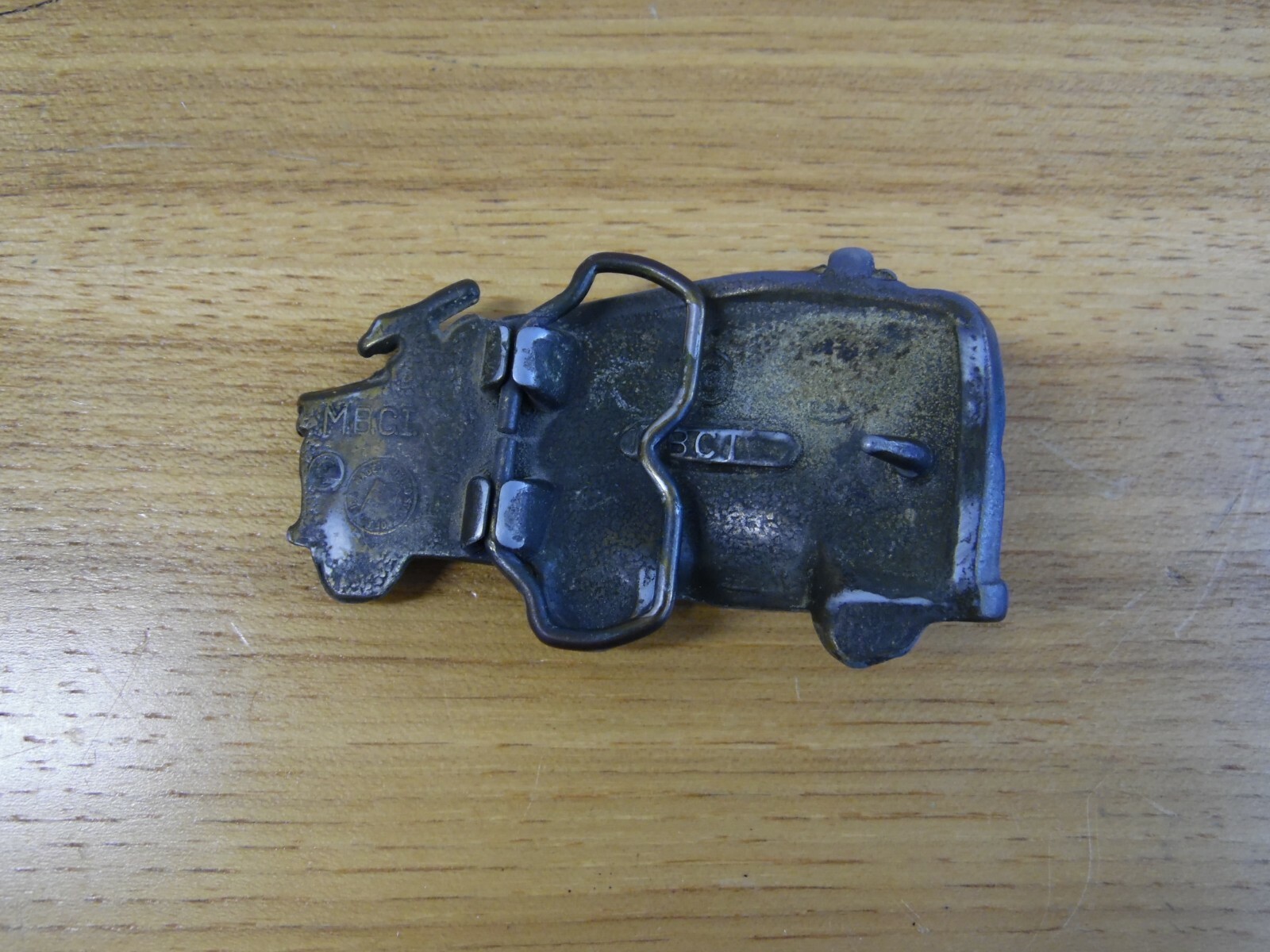 VINTAGE SOLID BRASS fire truck BELT BUCKLE-MADE IN USA M.B.C.I. FOR 1 1/2&Prime; BELT