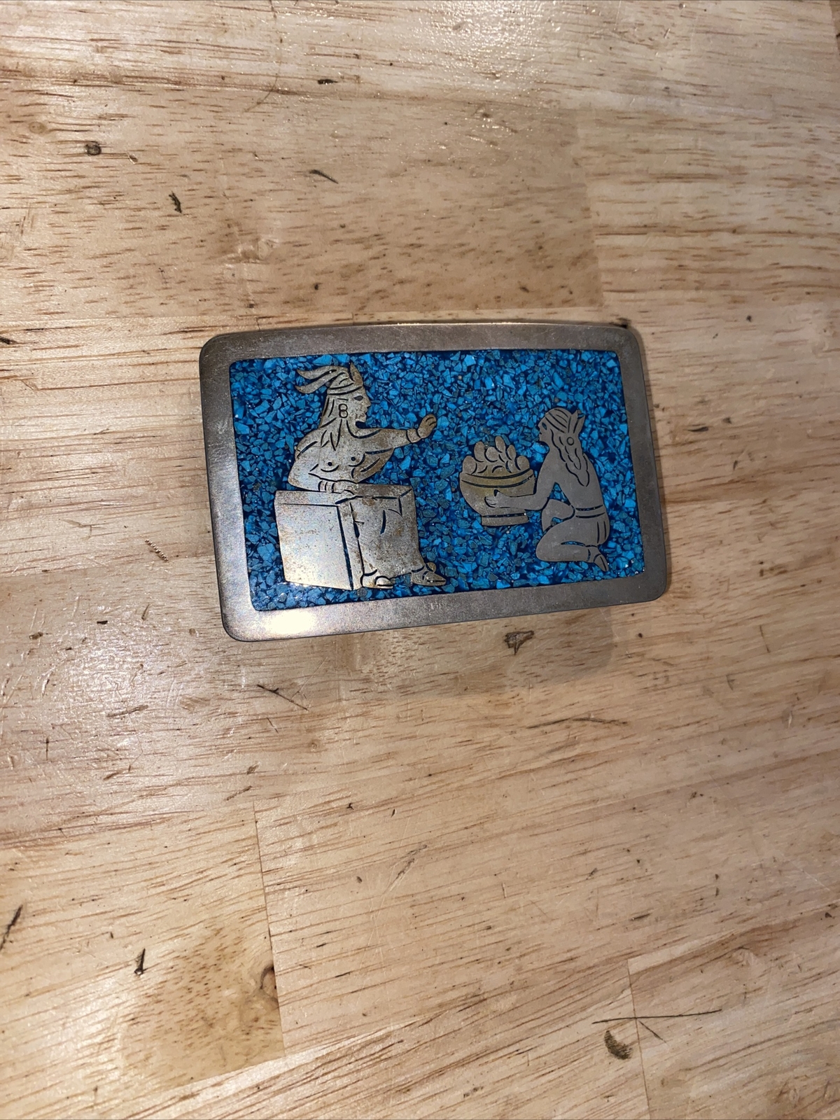 Aztec Sterling Silver .925 Vintage Belt Buckle Turquoise Collector Patina 2.7 OZ